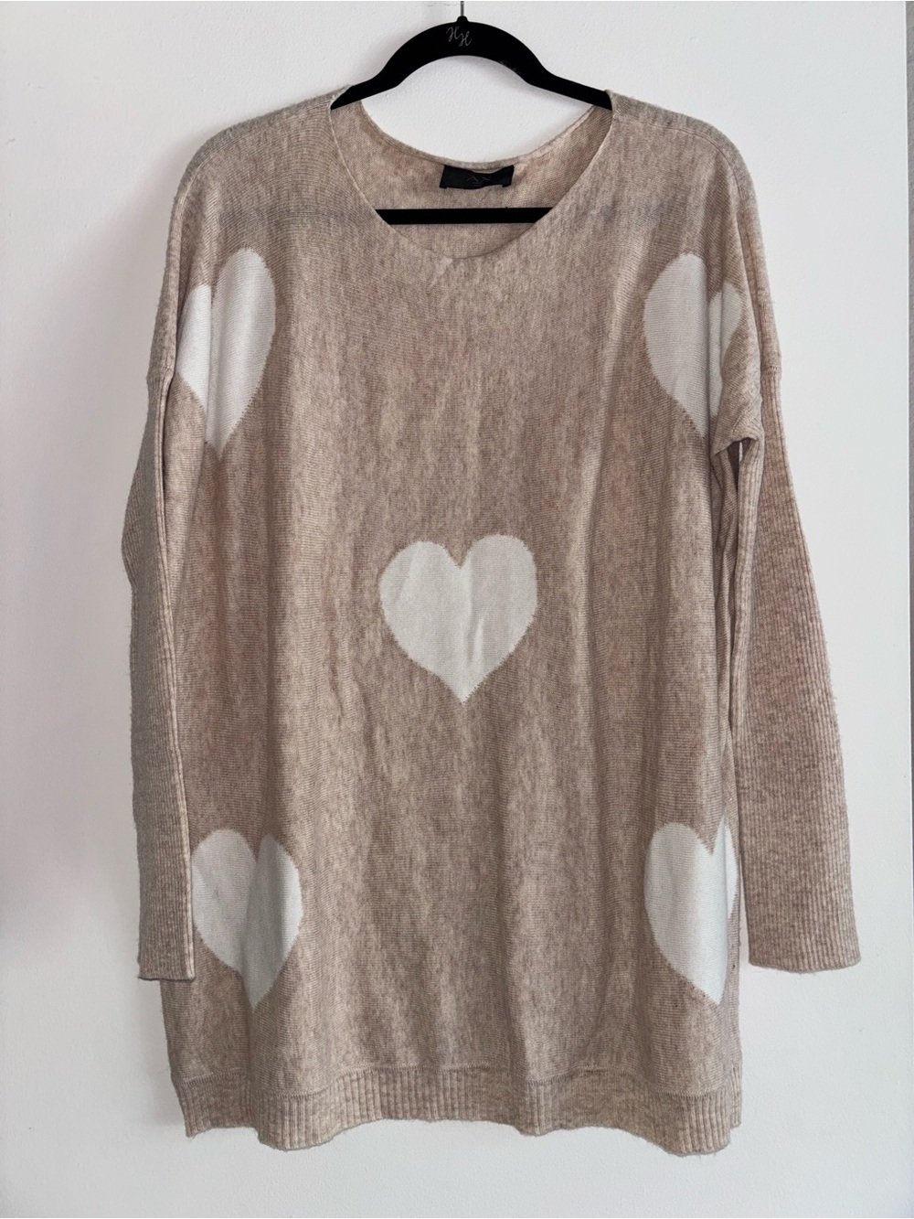 AX Paris Beige Heart Print Oversized Sweater Sz S/M